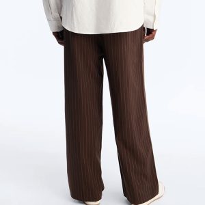 Wide Leg Straight Striped Trouser - Brown