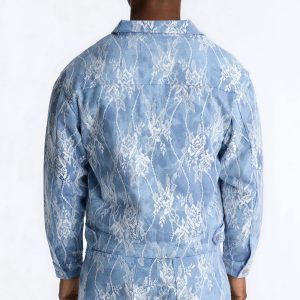 Lace Overlay Zip Denim Jacket - Medium Blue Wash