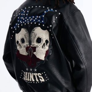 Crimson Blessed Faux Leather Studded Bomber Jacket - Black