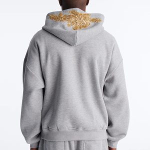 Oversized Rogue Sequin Applique Zip Up Hoodie - Grey