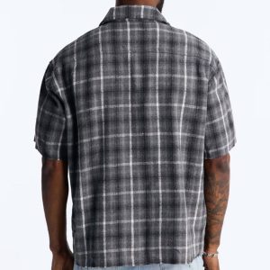 Jeweled Plaid Raw Hem Button Up Shirt - Black