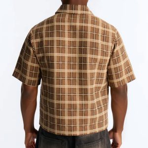 Trippy Mixed Media Button Up Shirt - Brown