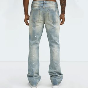 Ripped And Bleach Splatter Stacked Slim Flare Jeans - Light Blue Wash